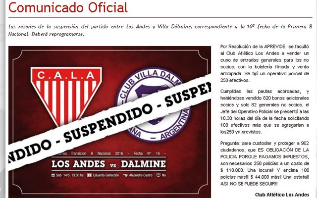 Los Andes – Dálmine fue suspendido