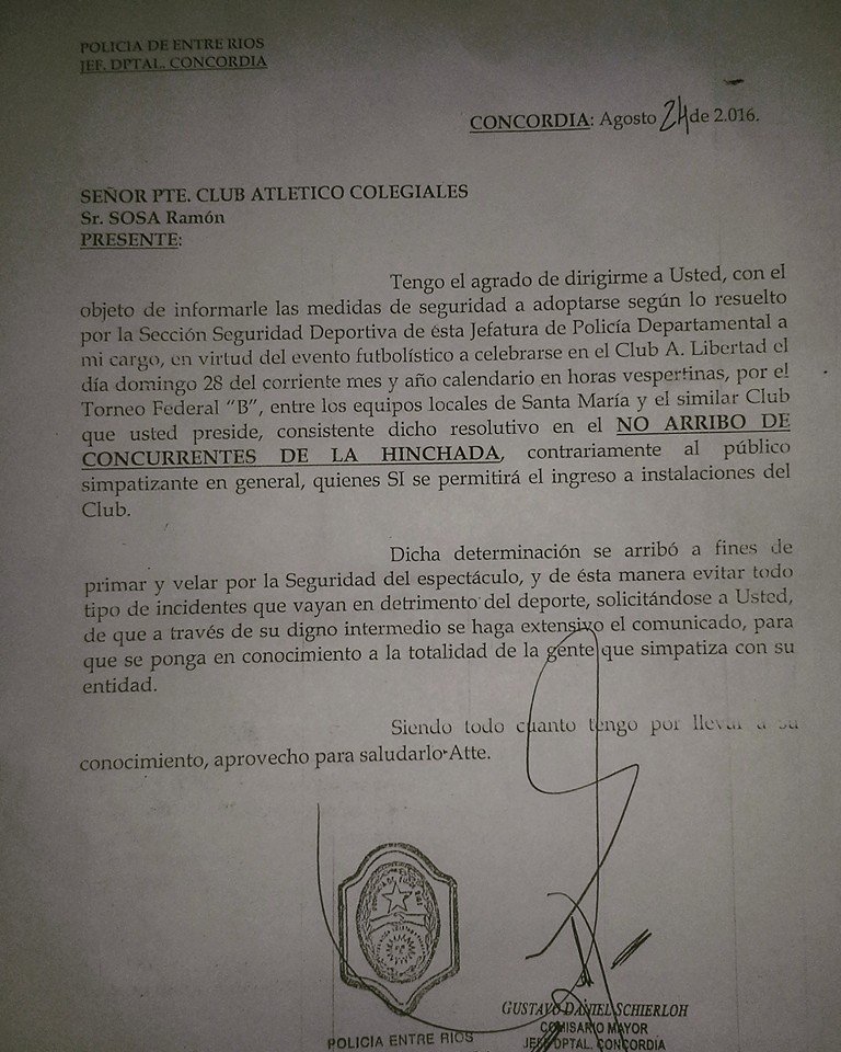 No habrá público visitante en el clásico concordiense