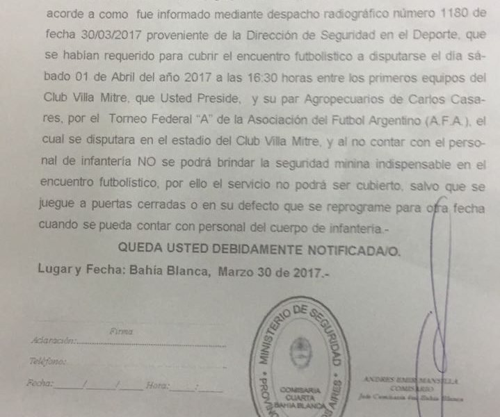 Se suspende Villa Mitre vs. Agropecuario por falta de Policías