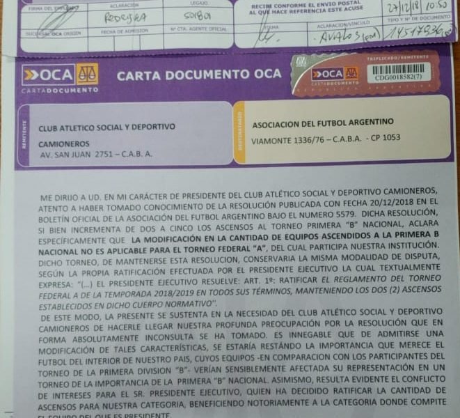 El club Camioneros intimó a la AFA