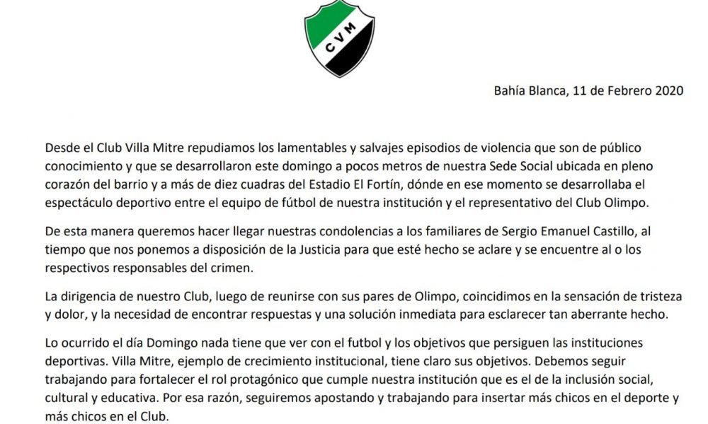 Comunicado de Prensa del Club Villa Mitre