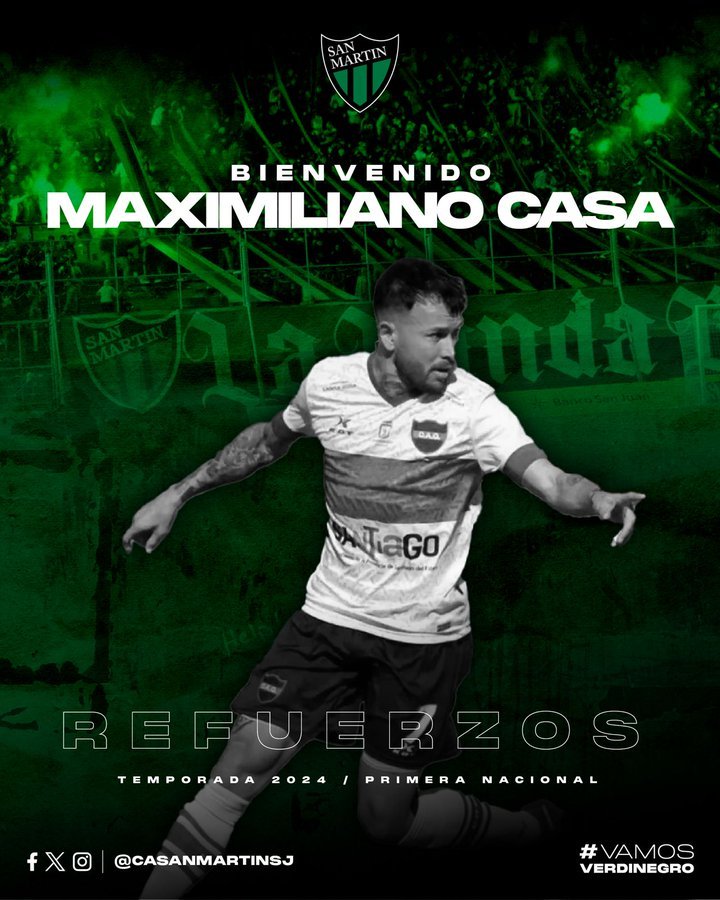 El Verdinegro se refuerza: Maximiliano Casa llega a San Martín de San Juan